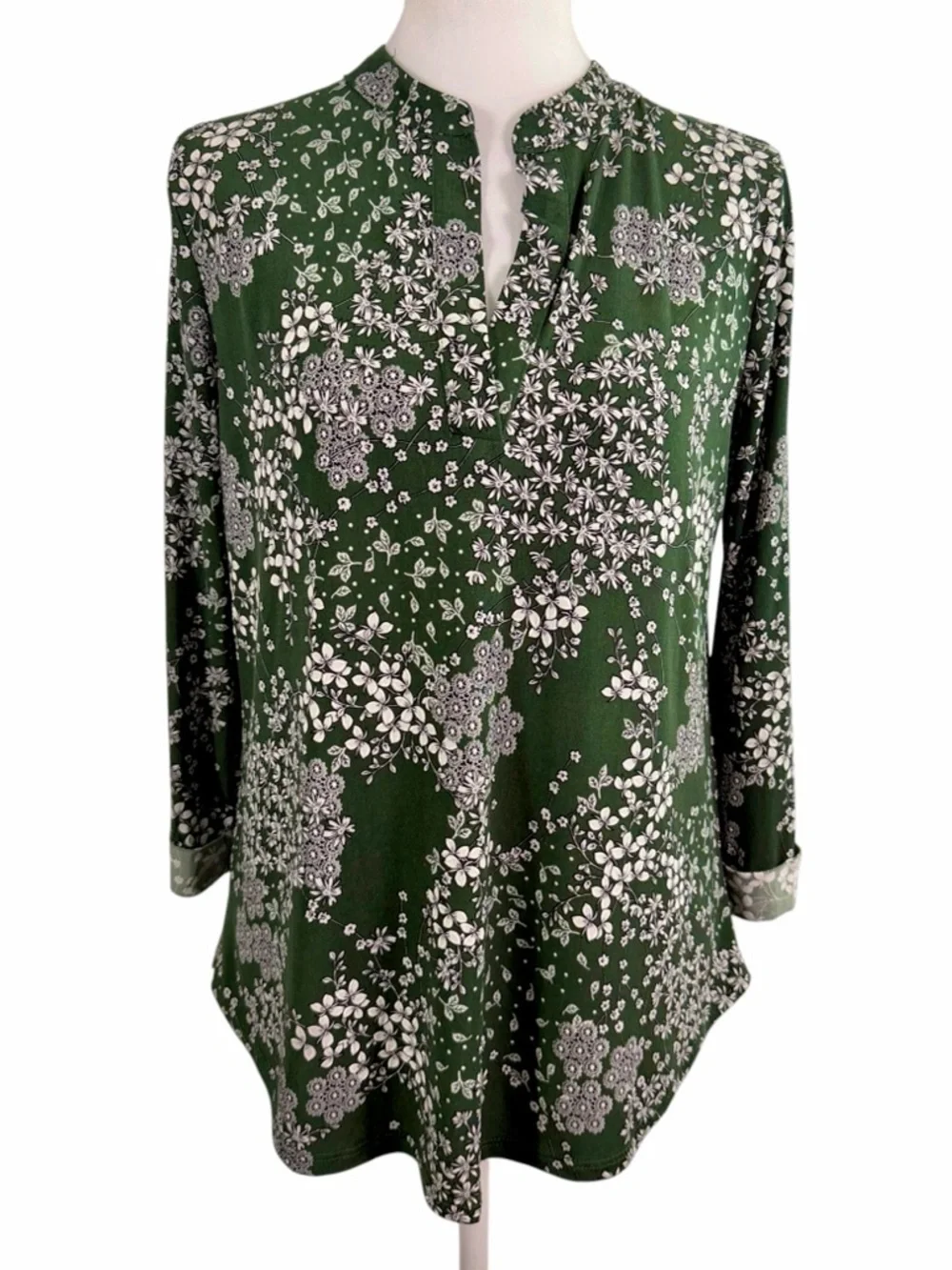Green Floral Boho Tunic Top Cottagecore Split Neck Blouse Size M